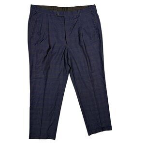 Mens Navy Blue Plaid Dress Pants Wool Pleated Trousers 38x31